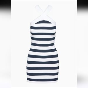 Babaton Criss Cross Navy and White Striped Dress
